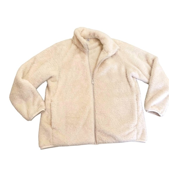 Uniqlo zip up fuzzy jacket cream recycled polyester front pockets size xl - Picture 2 of 10